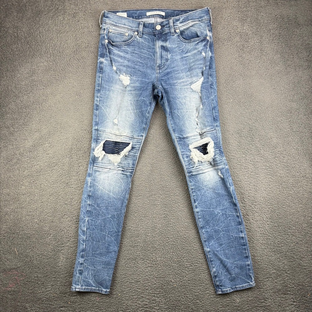 PacSun Mens Stacked Skinny Distressed Biker Jeans Blue Acid Wash 30x32